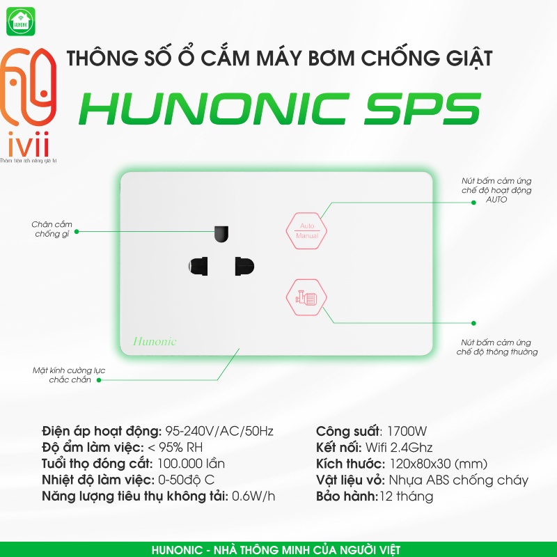 Ổ Cắm Máy Bơm Chống Giật An Toàn Hunonic SPS-Hàng chính hãng- Bảo hành 12 tháng