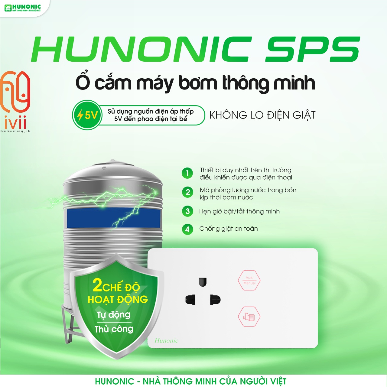 Ổ Cắm Máy Bơm Chống Giật An Toàn Hunonic SPS-Hàng chính hãng- Bảo hành 12 tháng